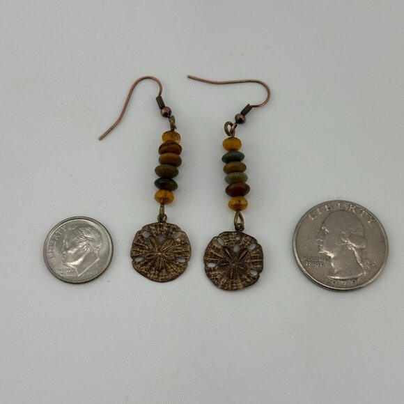 Rustic Natural Brass Sand Dollar Earrings Jasper Beaded Czech Glass Copper Hooks - Picture 10 of 10